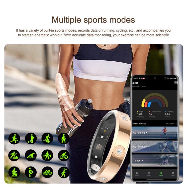Gold-tone smart ring with inner sensors, shown with a sports tracking app.