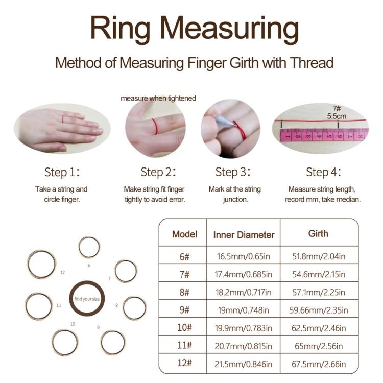 Smart ring size guide with finger-measuring steps and a chart of inner diameters