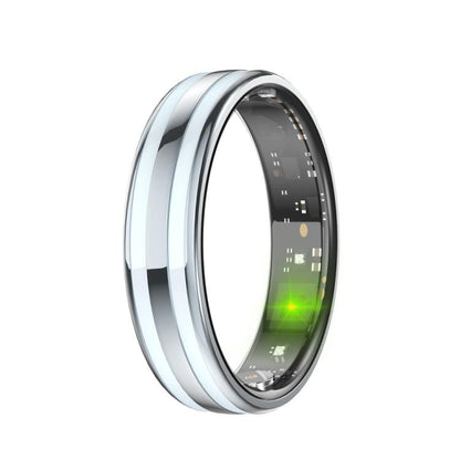 HR02 smart ring in silver with a polished band and visible inner sensors.