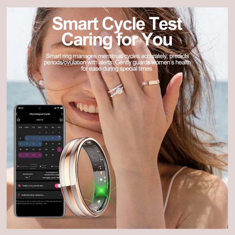 Rose gold and silver smart ring beside a phone displaying cycle tracking