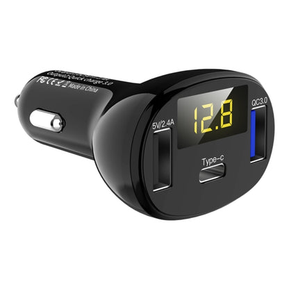 Black in-car phone charger with Type-C and USB-A ports, LED 12.8 display