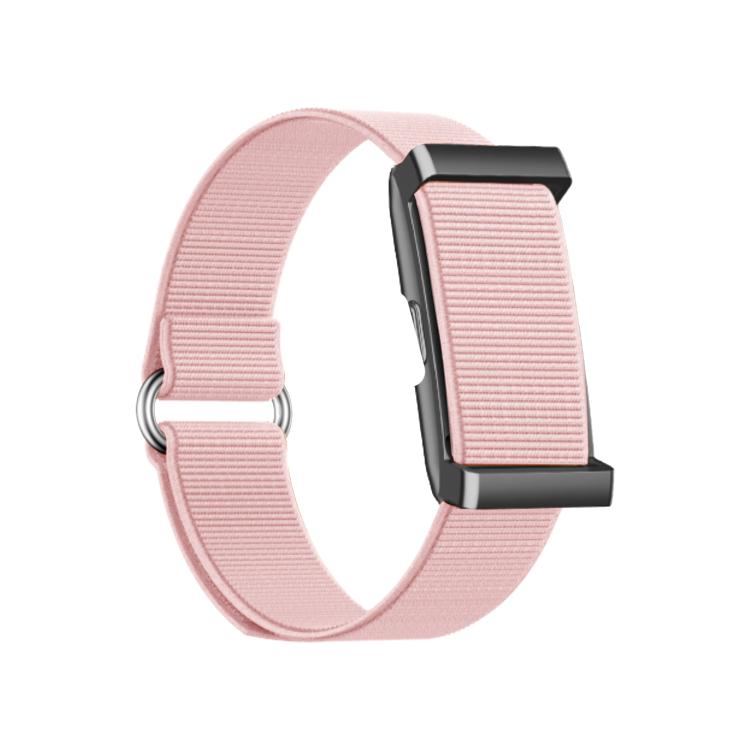 Pink smart bracelet shown from the opposite side, with ribbed band and metal loop closure