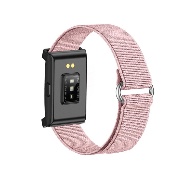 Pink smart bracelet underside showing sensor module and ribbed fabric band