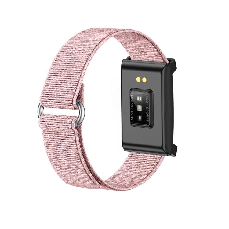 Reverse view of pink smart bracelet with sensor module and metal loop closure