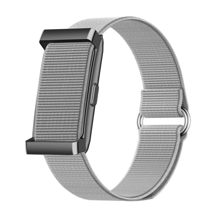 Silver-gray screenless smart bracelet with ribbed fabric band and black rectangular module