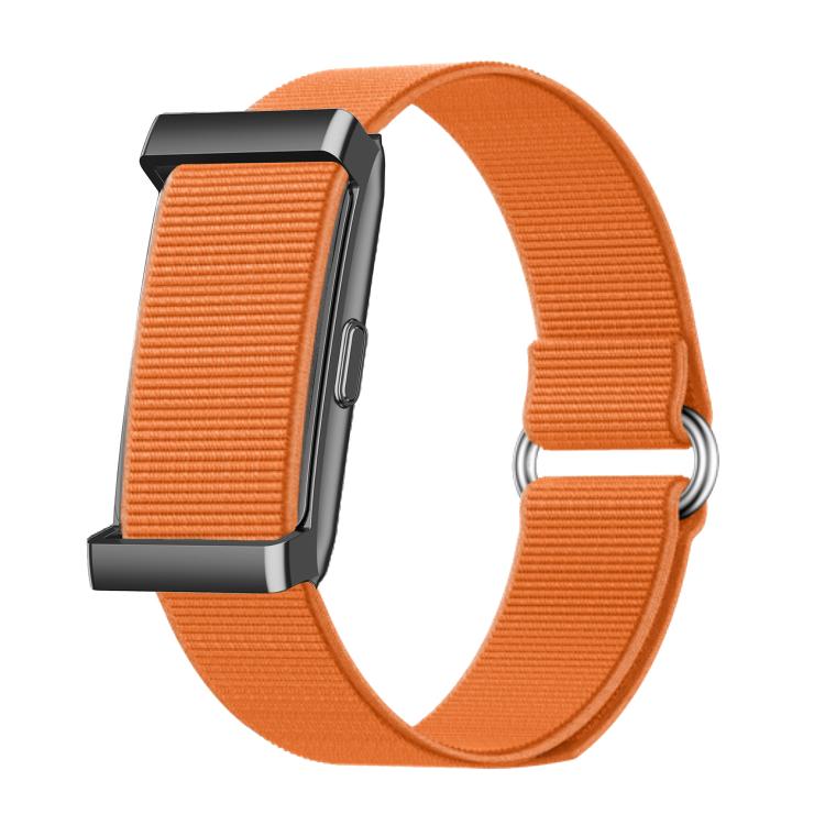 Orange screenless smart bracelet with ribbed fabric band and black rectangular module