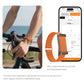Orange smart bracelet shown with a blood pressure tracking app and cycling use