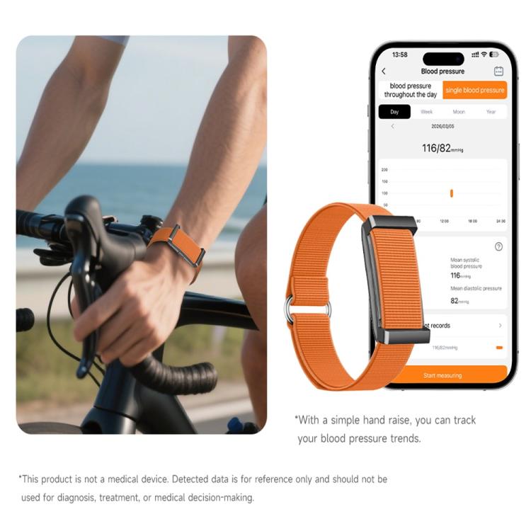 Orange smart bracelet shown with a blood pressure tracking app and cycling use