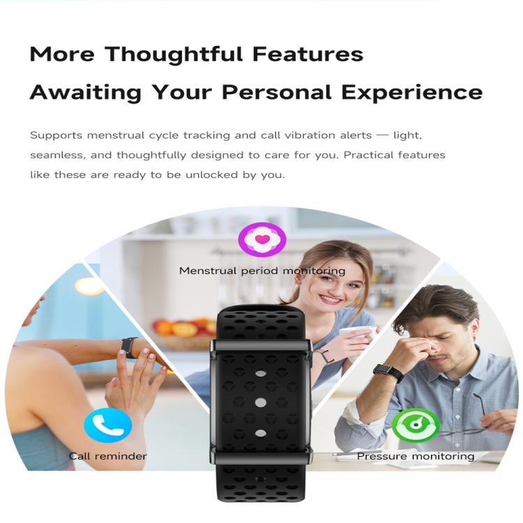 Black smart bracelet shown with call alerts, cycle tracking, and pressure monitoring