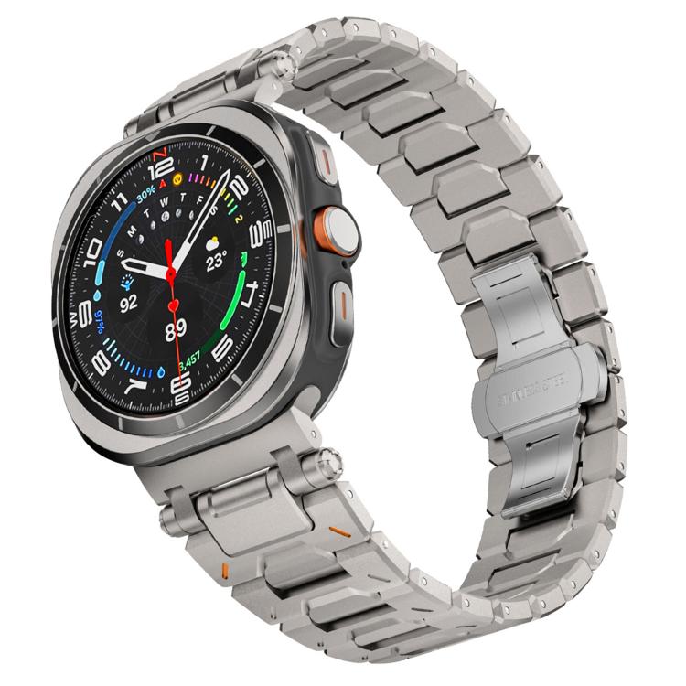 Silver titanium alloy watch band shown at an angle, with linked metal segments and butterfly clasp