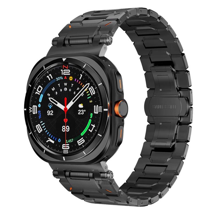Black titanium alloy watch band with linked segments and butterfly clasp, shown on a smartwatch