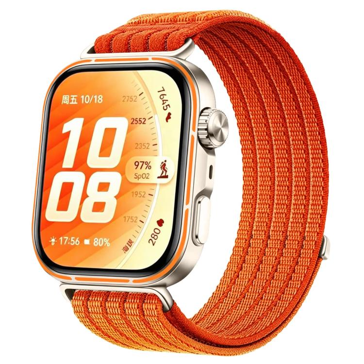 Orange woven nylon watch band fitted to a silver smartwatch