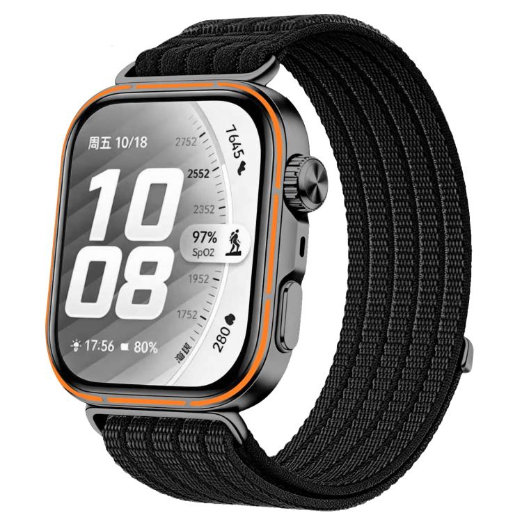 Black woven nylon watch band fitted to a dark smartwatch