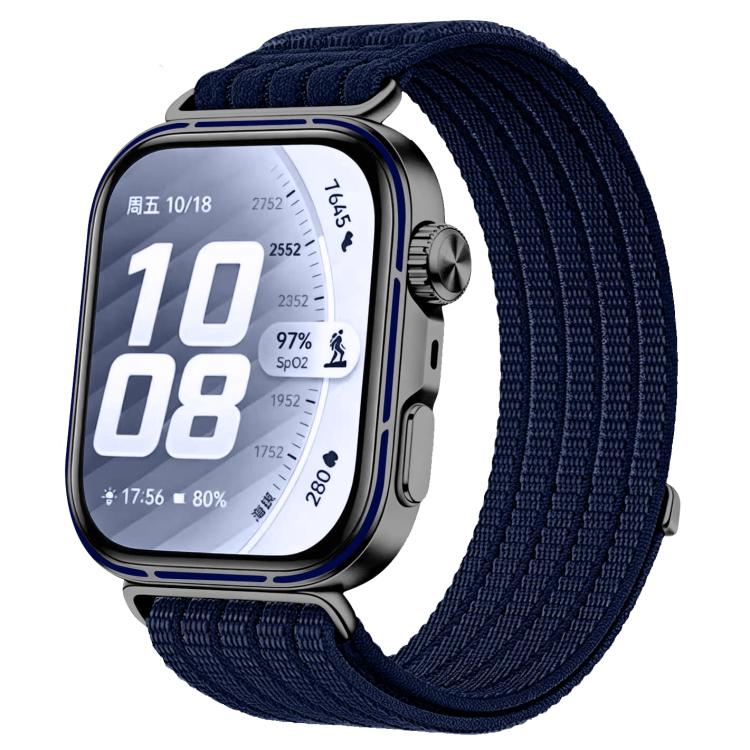 Woven nylon watch band in deep navy blue, shown fitted to a smartwatch.