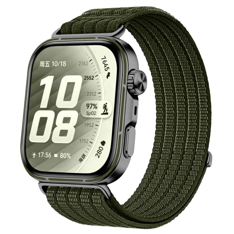 Woven nylon watch band in dark olive green, shown fitted to a smartwatch.