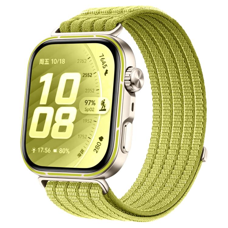 Woven nylon watch band in bright lime green, shown fitted to a smartwatch.