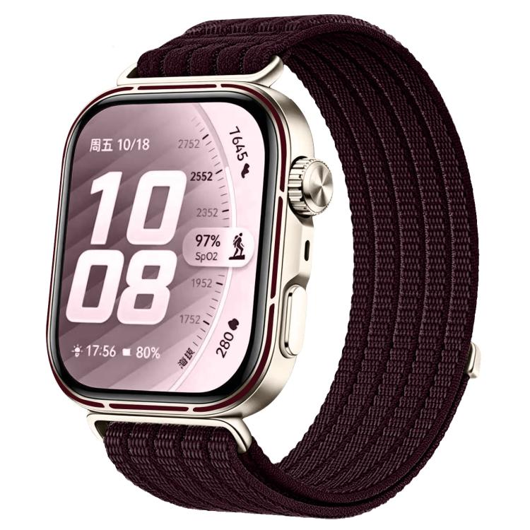 Woven nylon watch band in dark plum, shown fitted to a smartwatch.