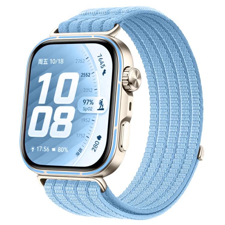 Woven nylon watch band in light blue, shown fitted to a smartwatch.