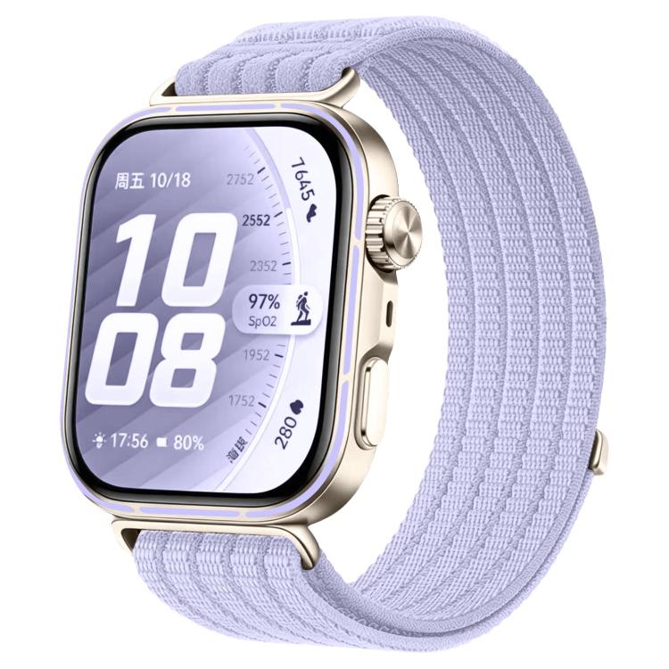 Woven nylon watch band in pale lilac, shown fitted to a smartwatch.
