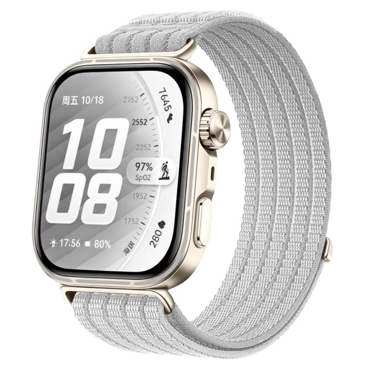 Woven nylon watch band in light gray, shown fitted to a smartwatch.