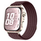 Woven nylon watch band in muted burgundy, shown fitted to a smartwatch.