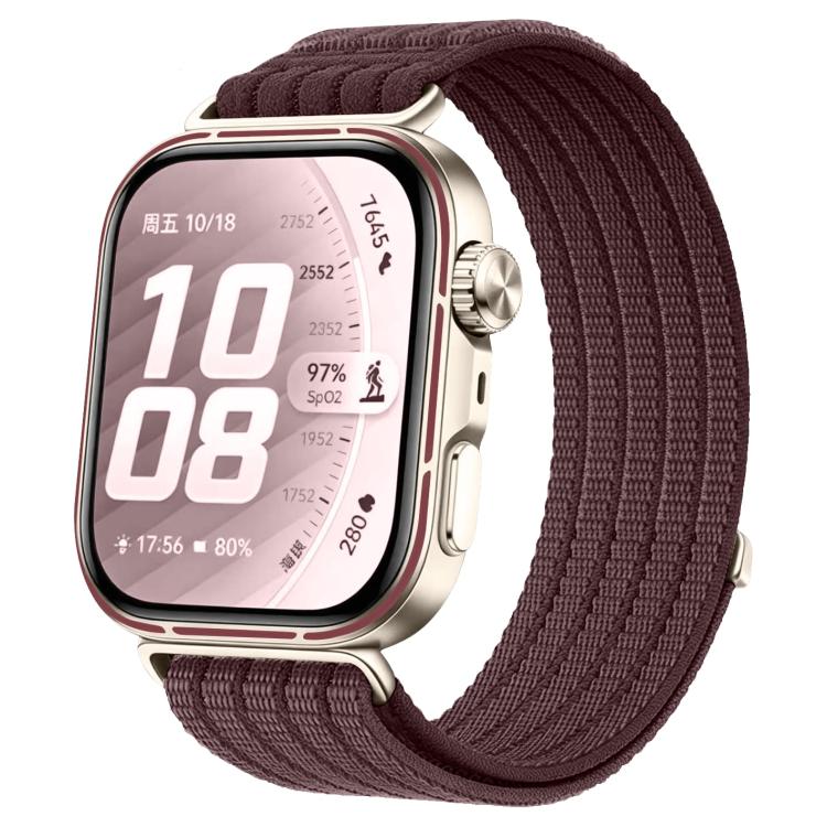 Woven nylon watch band in muted burgundy, shown fitted to a smartwatch.