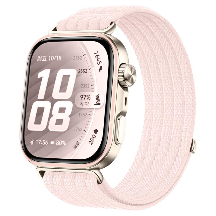 Woven nylon watch band in pale pink, shown fitted to a smartwatch.