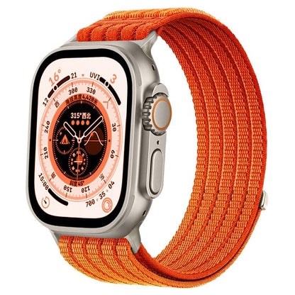 Orange woven nylon Apple Watch band with silver watch case