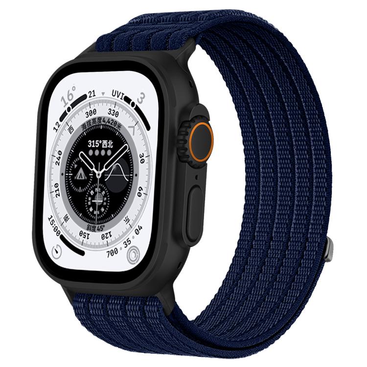 Apple Watch with a dark blue breathable woven nylon band