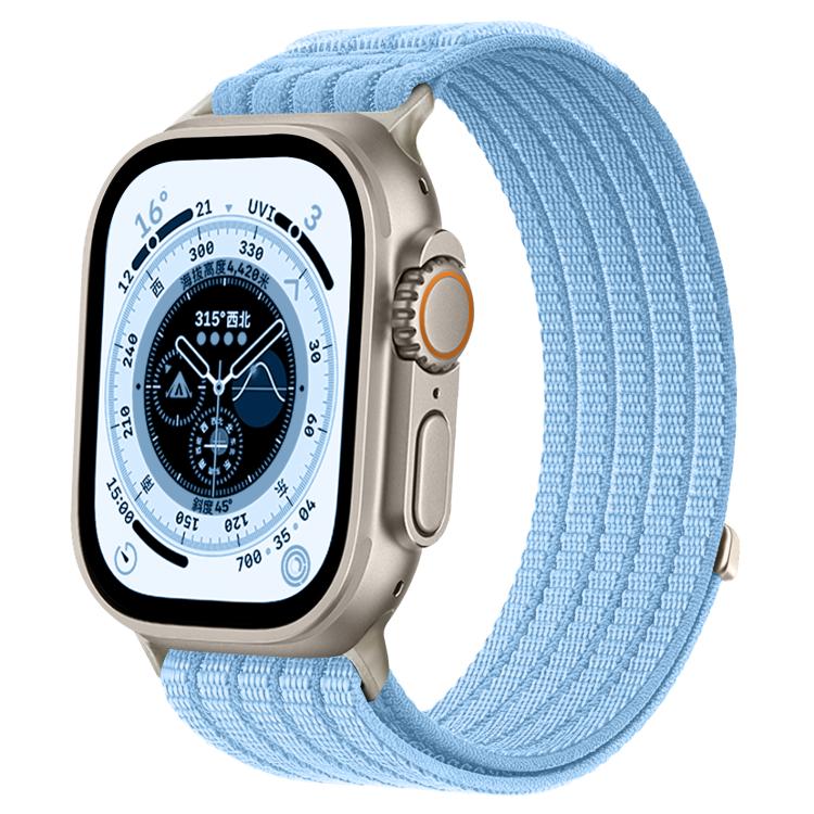 Apple Watch with a light blue breathable woven nylon band