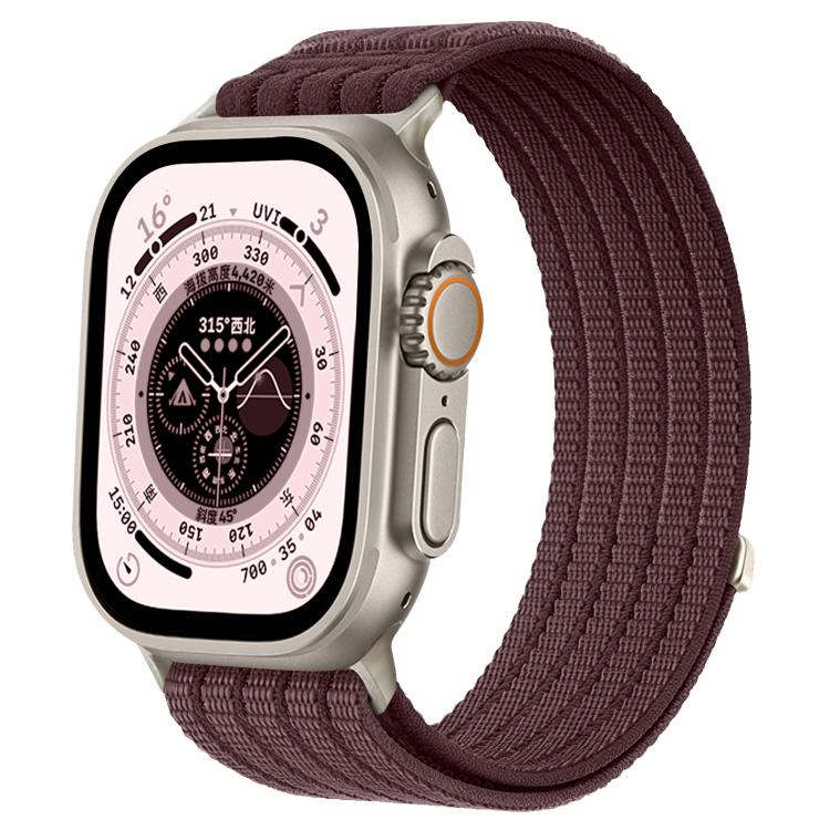Apple Watch with a dark plum breathable woven nylon band