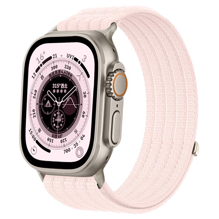 Apple Watch with a pale pink breathable woven nylon band