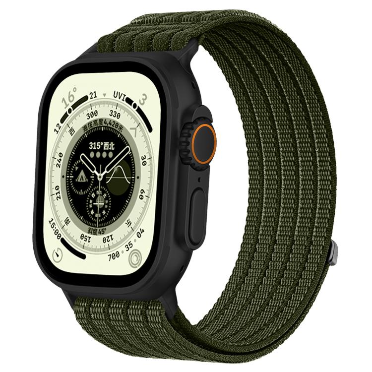 Olive green woven nylon Apple Watch band with a black watch case