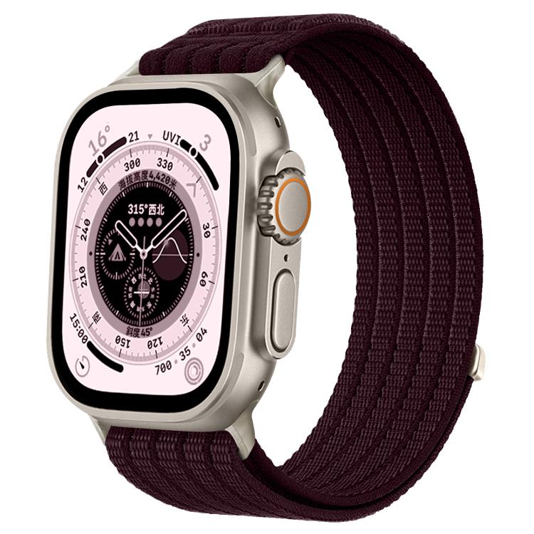 Burgundy woven nylon Apple Watch band with a silver watch case