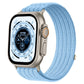 Light blue woven nylon Apple Watch band with silver watch case