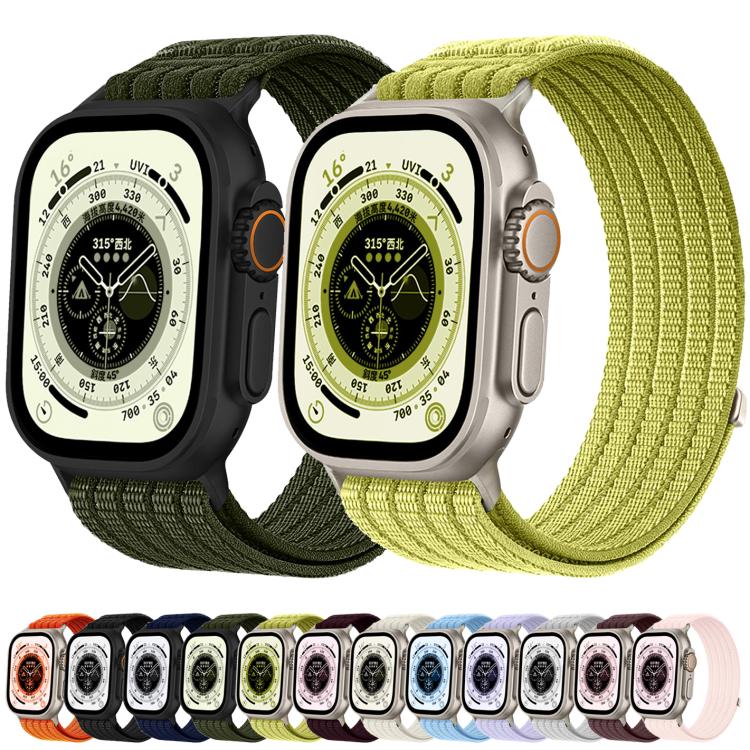 Woven nylon Apple Watch bands in olive green and yellow-green, with black and silver cases