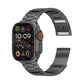 Dark metal watch band attached to a smartwatch, with three-bead links and magnetic clasp