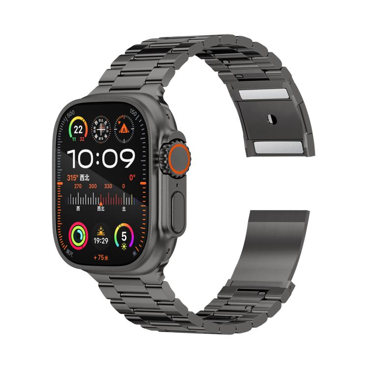Dark metal watch band attached to a smartwatch, with three-bead links and magnetic clasp