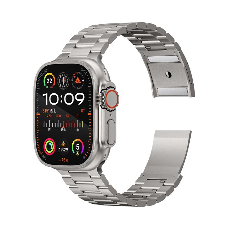 Silver smartwatch band with three-bead links and a magnetic clasp