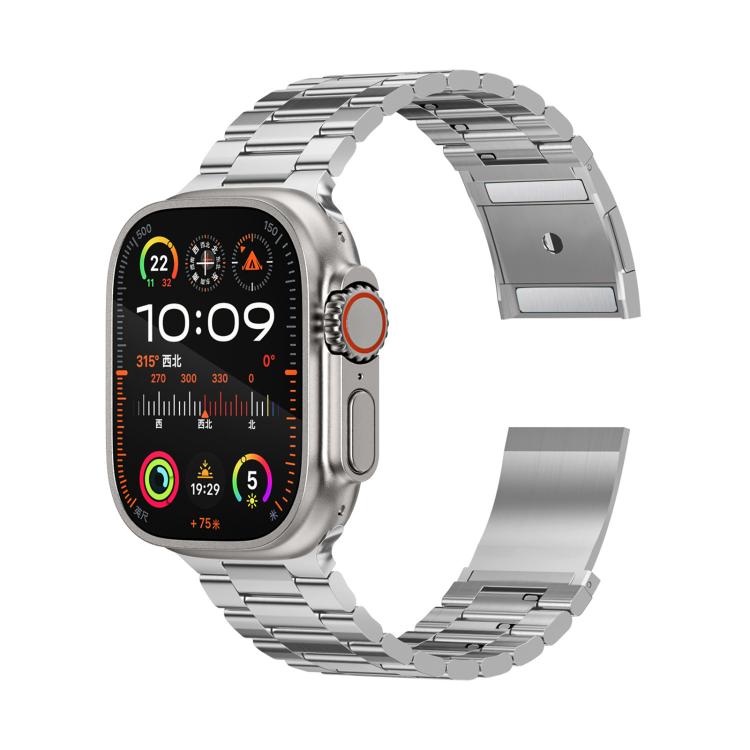 Silver metal watch band and smartwatch, with clasp and adjustable links visible