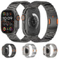 Dark three-bead metal watch band shown on a smartwatch, with alternate color options below