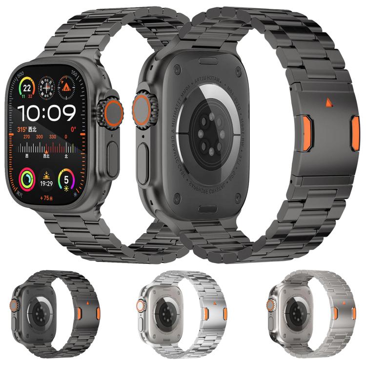 Dark three-bead metal watch band shown on a smartwatch, with alternate color options below