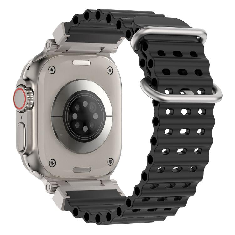Back view of a black perforated silicone watch band with metal connectors.