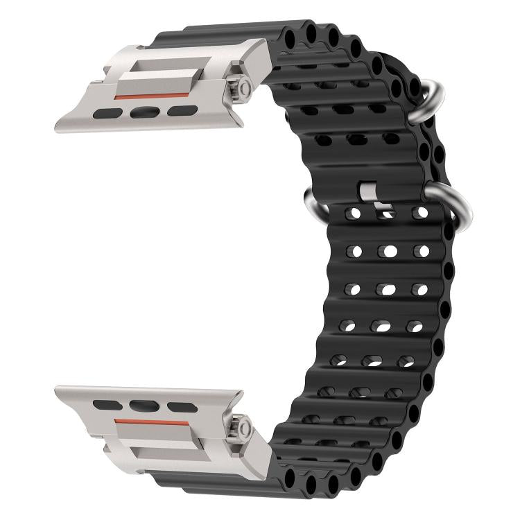 Black perforated silicone watch band with silver-tone metal connectors, shown unfastened.