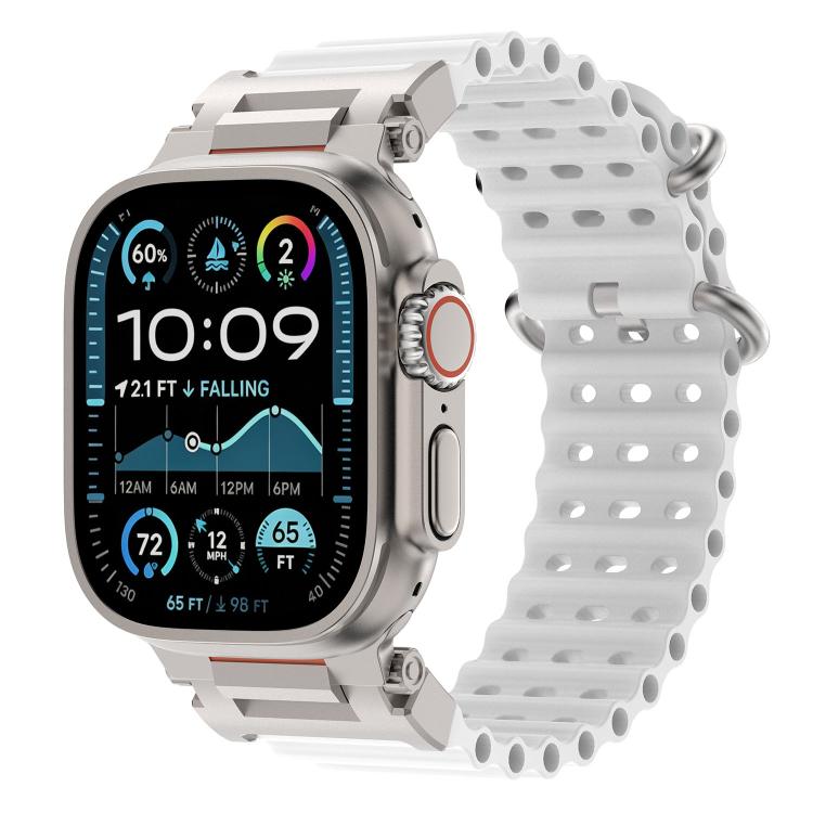 White perforated silicone watch band with metal connectors on a compatible watch.