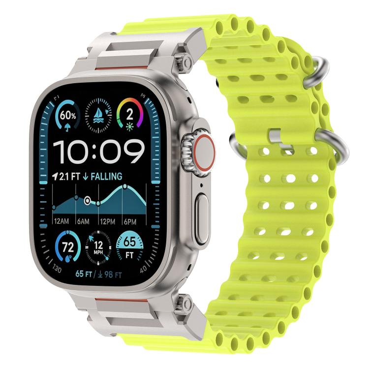 Yellow perforated silicone watch band with metal connectors on a compatible watch.