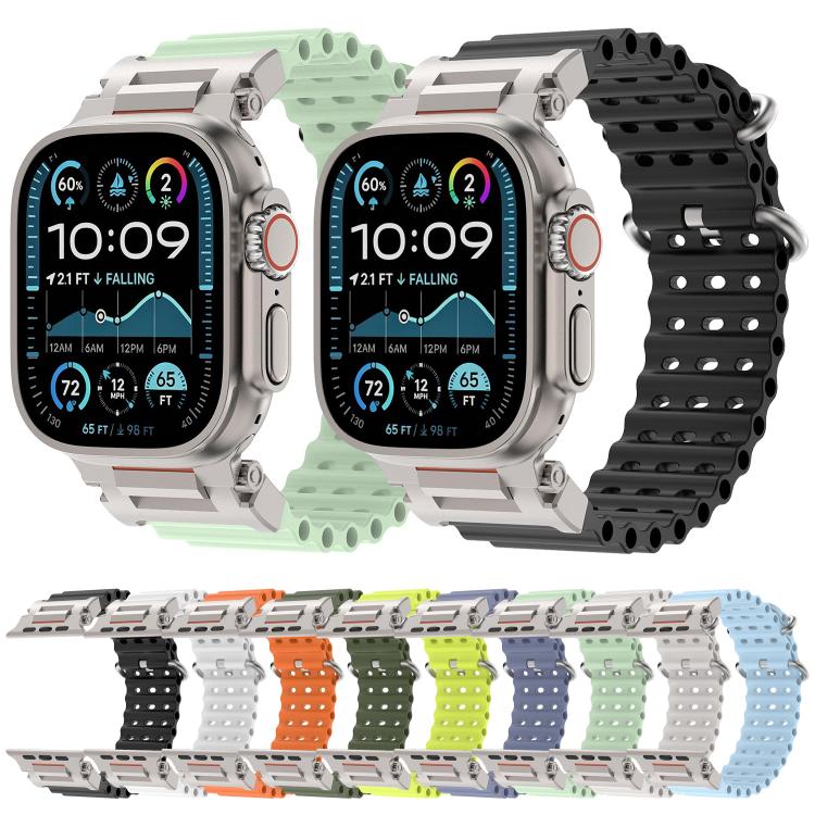 Perforated silicone watch band with metal connectors, shown in several colors beside compatible watches.
