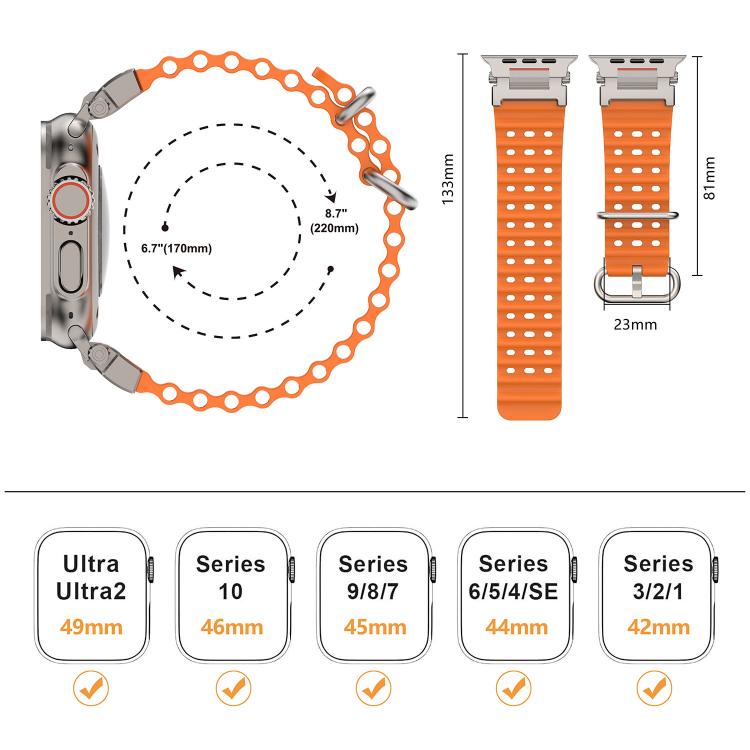 Orange perforated silicone watch band with sizing diagram and compatible watch sizes