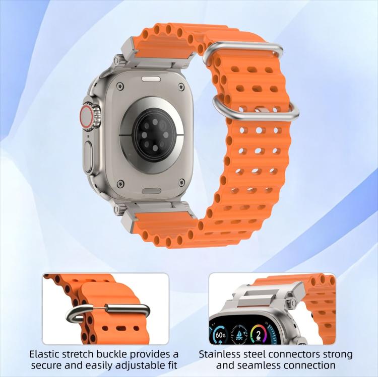 Orange perforated silicone watch band with stainless steel connectors and elastic stretch buckle