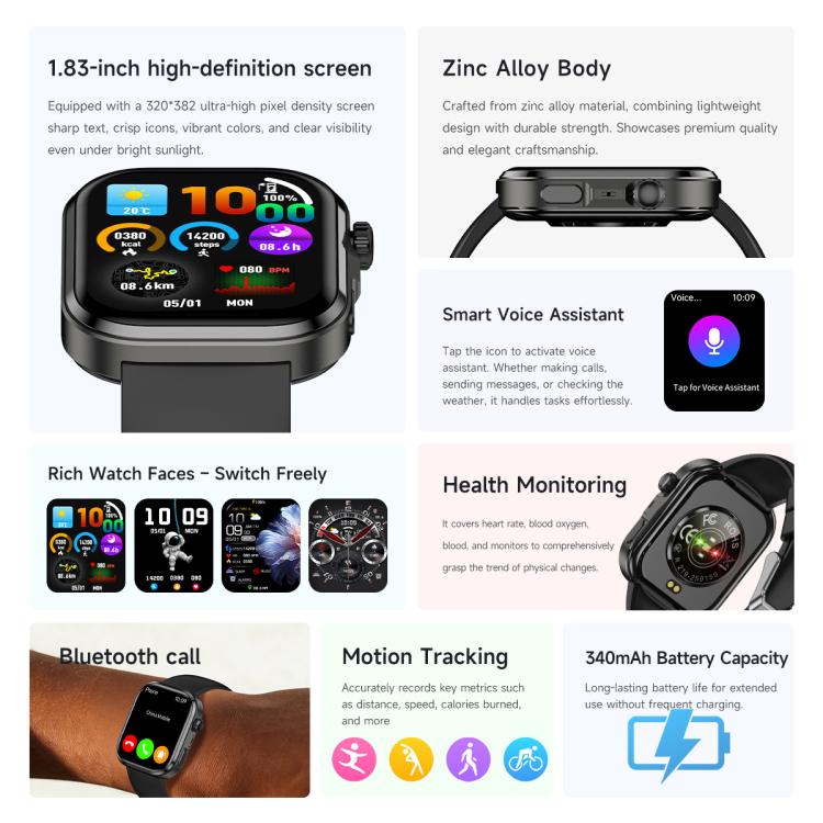 G47 smartwatch feature overview showing display, watch faces, health sensors, calls, and tracking
